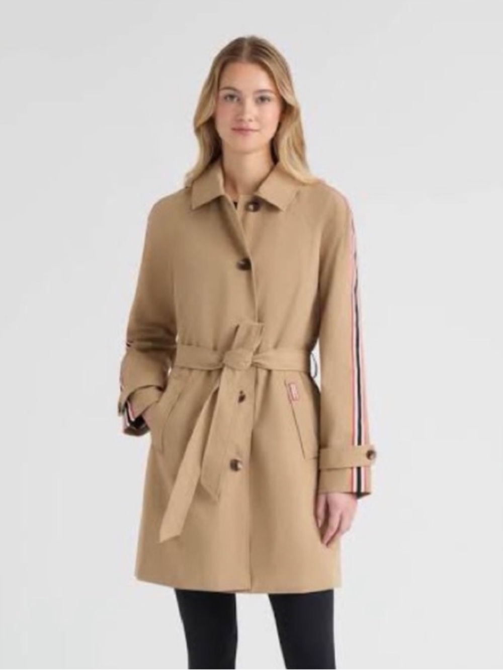 Hunter Beige Trench Coat with Contrast Stripe Sleeves Sophia BRAND NEW